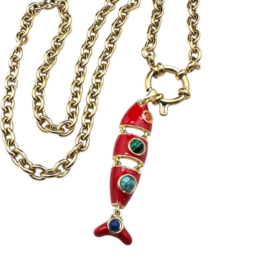 Multi-Gemstone Red Enamel Fish Pendant Necklace 18K Gold Plated Chain 17 Inch